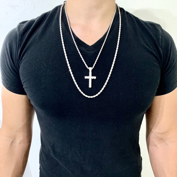 CROSS 18K GOLD FULL DIAMONDS CZ DOUBLE CHAIN ITALY